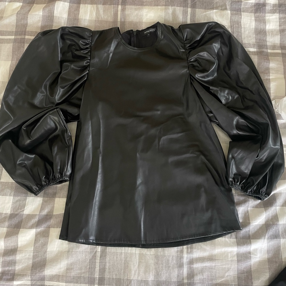 Faux Leather black puff sleeve Olivacious top. NWT perfect for night out!